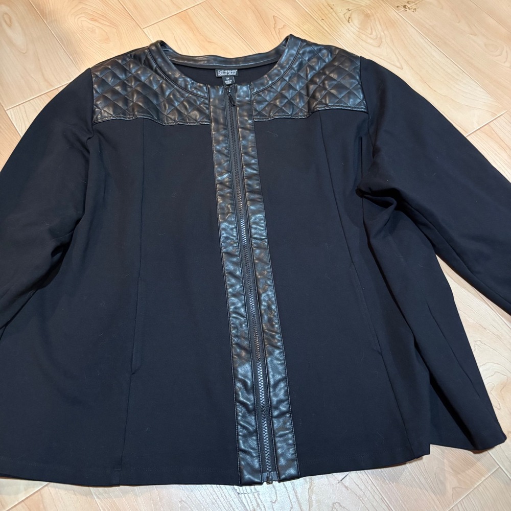 Catherines Black Label Faux Leather Quilted Trim Zip Up Jacket Plus Size 3X